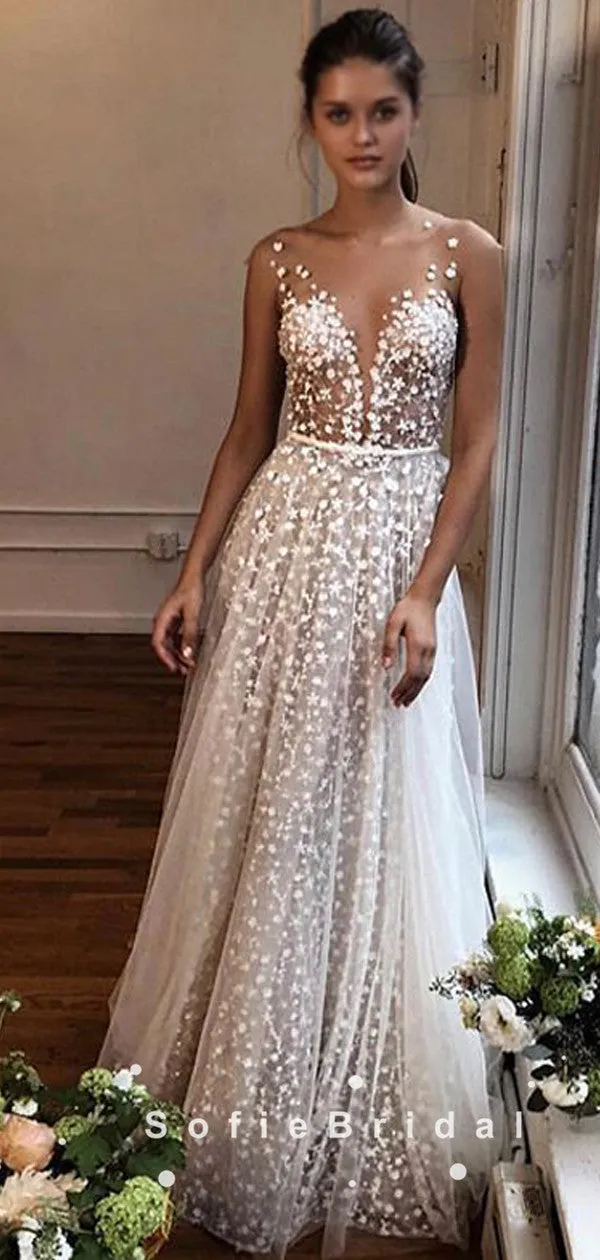 A-Line V-Neck Straps Tulle Floor Length Wedding Dresses With Lace,SFWD0012