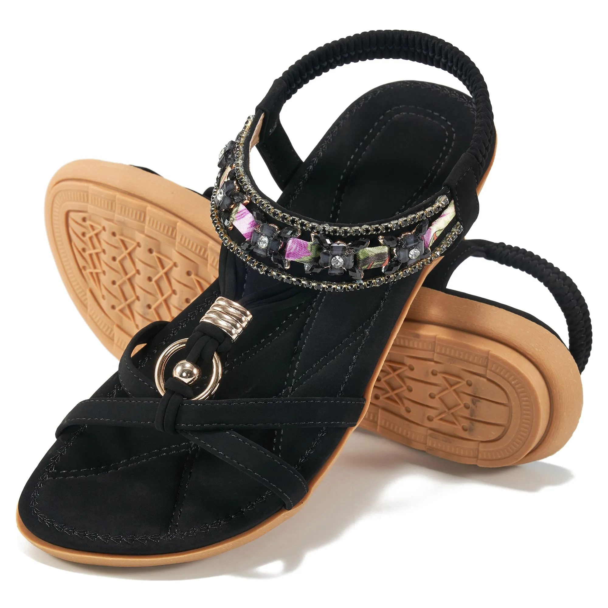 Ablanczoom Womens Summer Flat Sandals Beaded Comfortable Elastic Beach Shoes