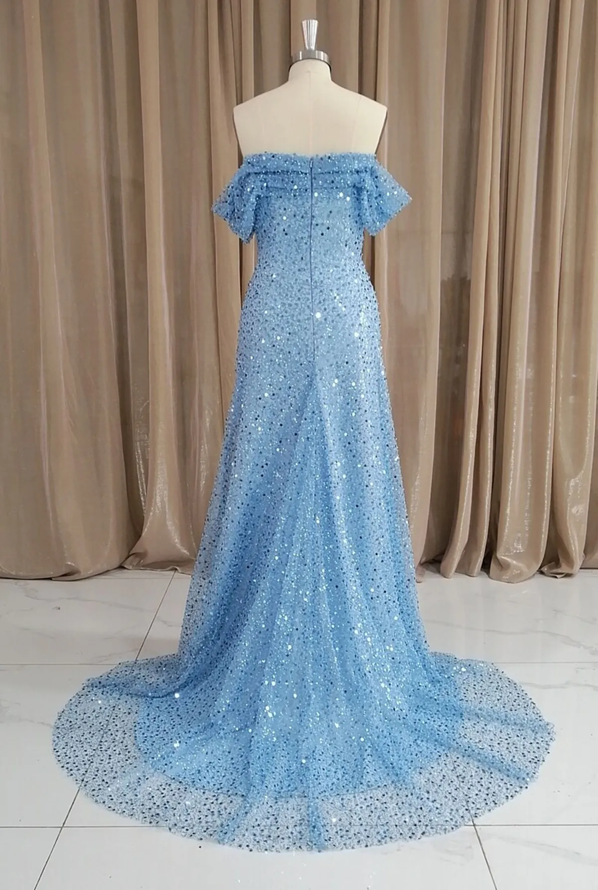 Blue Sequins Off Shoulder Sweep Train Party Dress, Blue Sweetheart Long Formal Dress