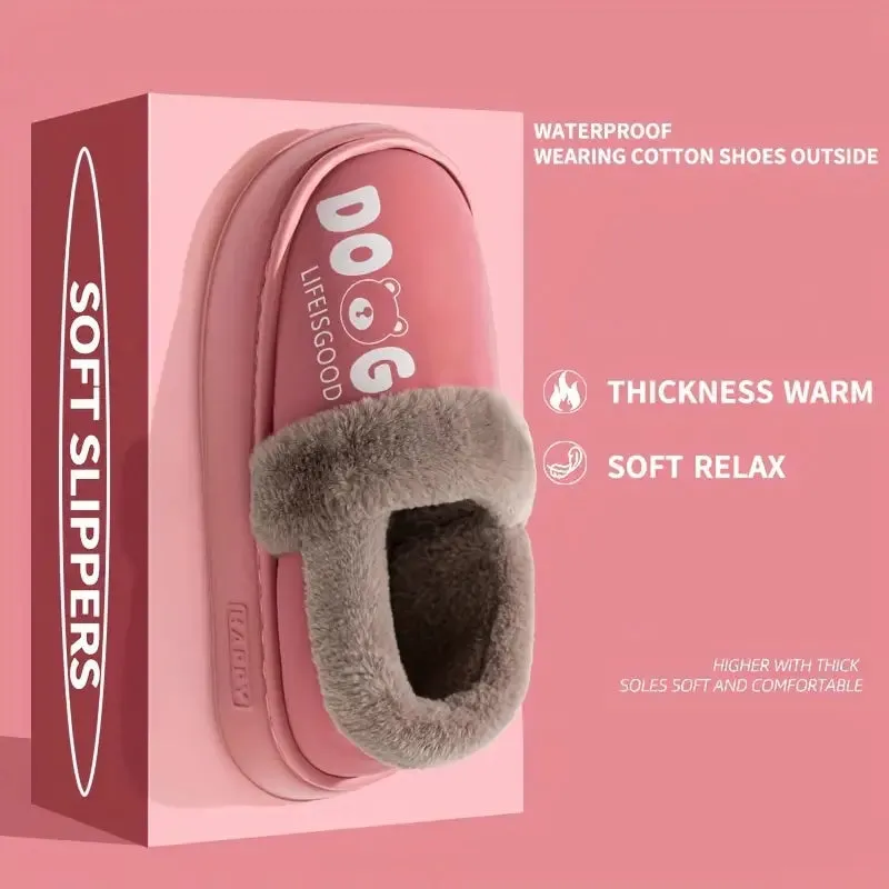 Cartoon Print Waterproof Slippers – EVA Sole, Non-Slip, Flannel Lining, Slip-On