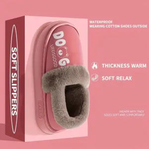 Cartoon Print Waterproof Slippers – EVA Sole, Non-Slip, Flannel Lining, Slip-On