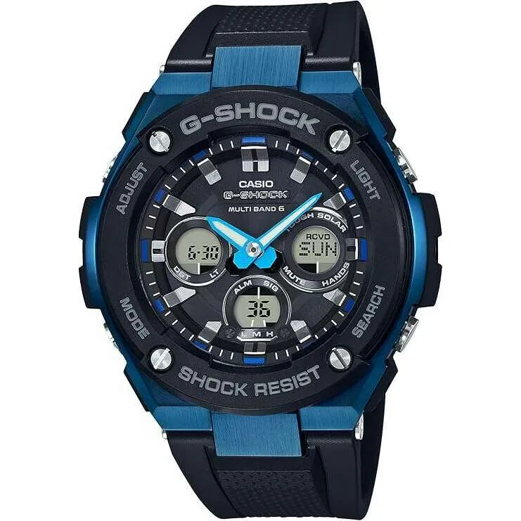 CASIO G-SHOCK G-STEEL RADIO SOLAR ANALOG DIGITAL DIAL BLACK & BLUE MEN WATCH GST-W300G-1A2JF