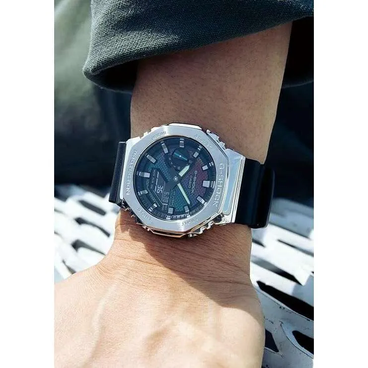 CASIO G-SHOCK METAL COVERED BLACK & SILVER MULTICOLORED DIAL MEN WATCH GM-2100RW-1AJF