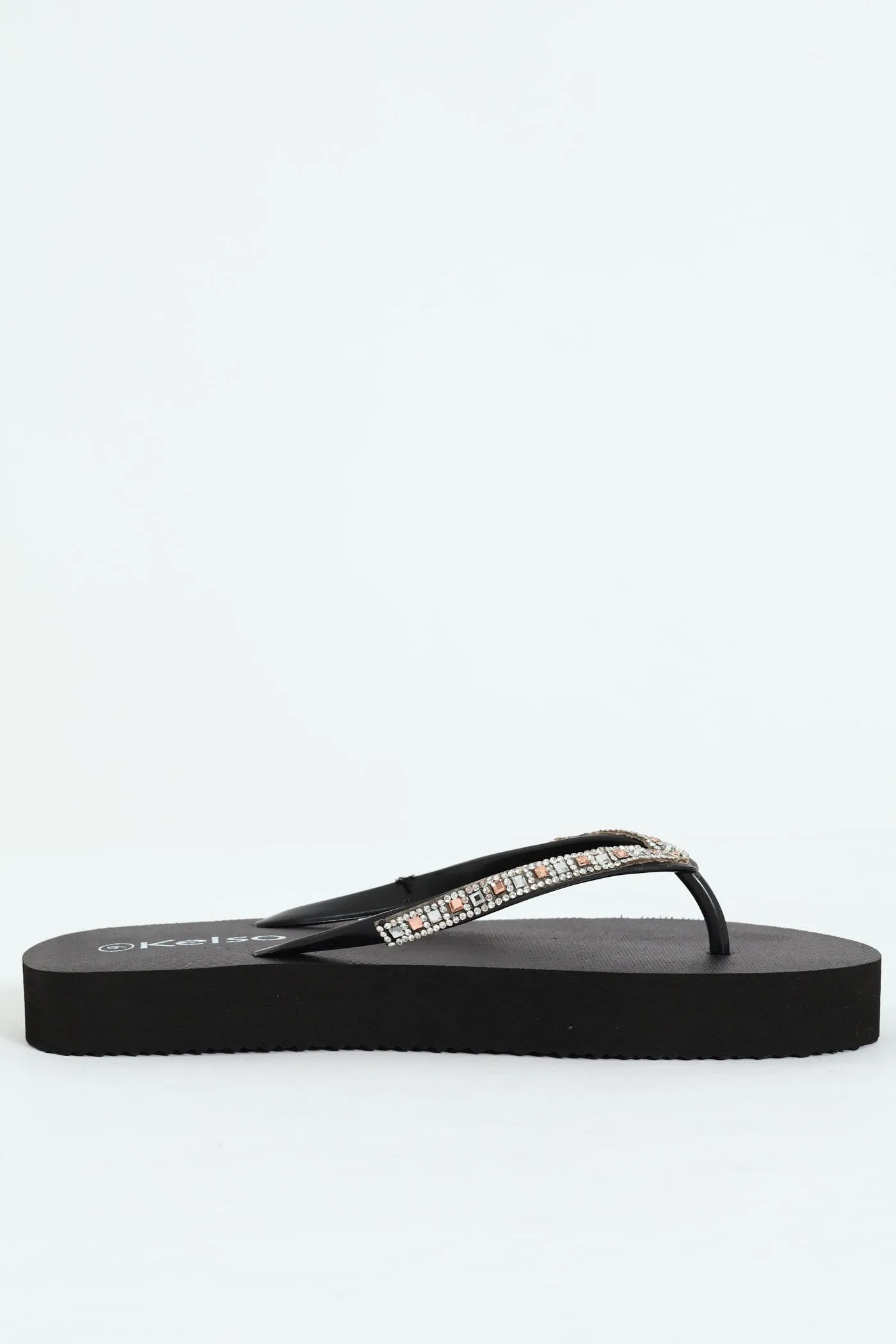 Diamante Strap Thong Sandal - Black