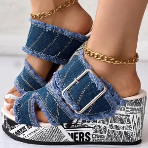 Fashion Buckle Denim Wedge Slippers Sandals