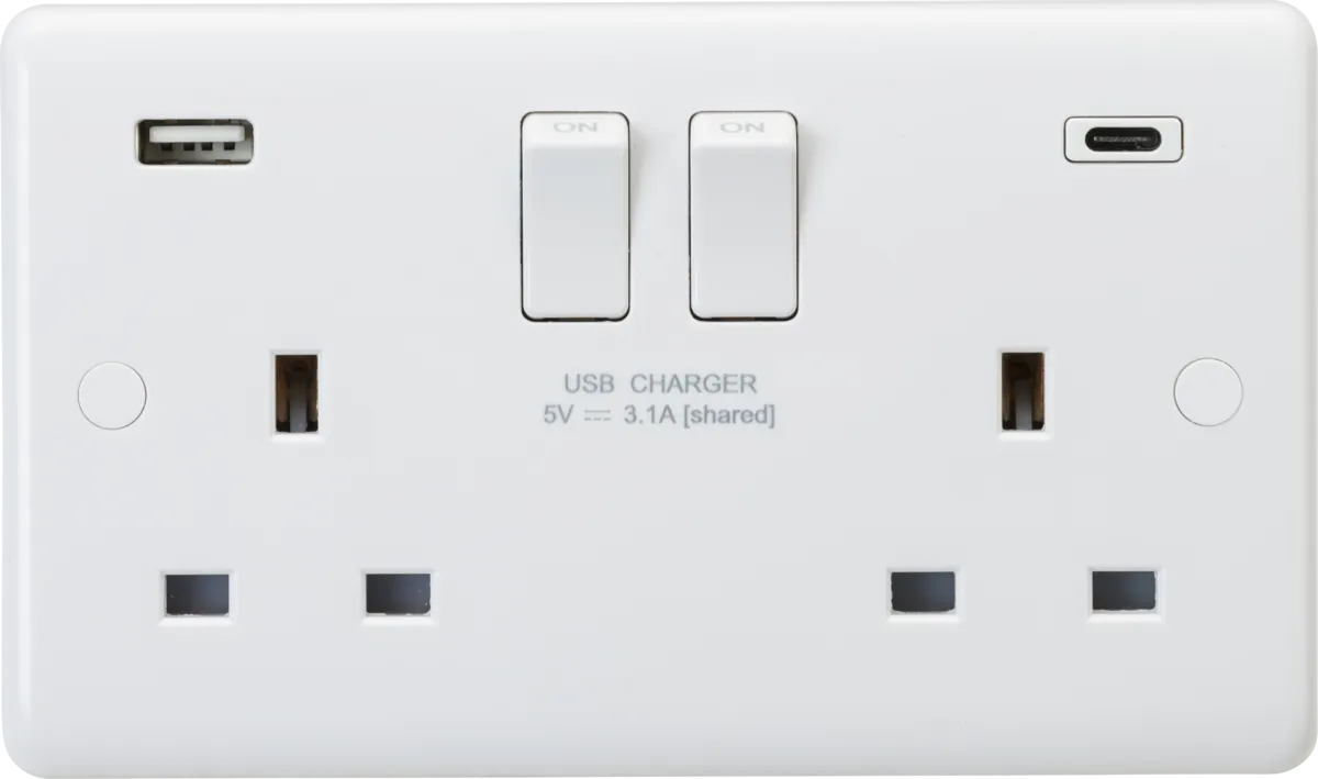 Knightsbridge CU9931D White Curved Edge 13A 2G DP Switched Socket  2xUSB A C [5V DC 3.1A shared] Max. 15.5W