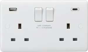 Knightsbridge CU9931D White Curved Edge 13A 2G DP Switched Socket  2xUSB A C [5V DC 3.1A shared] Max. 15.5W