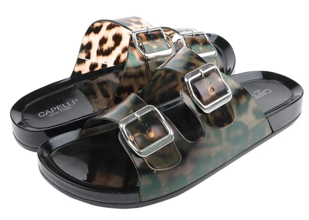 Ladies Transparent Leopard Print Double Strap Injected PVC Slide