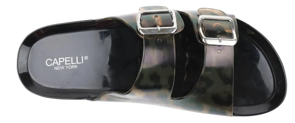 Ladies Transparent Leopard Print Double Strap Injected PVC Slide