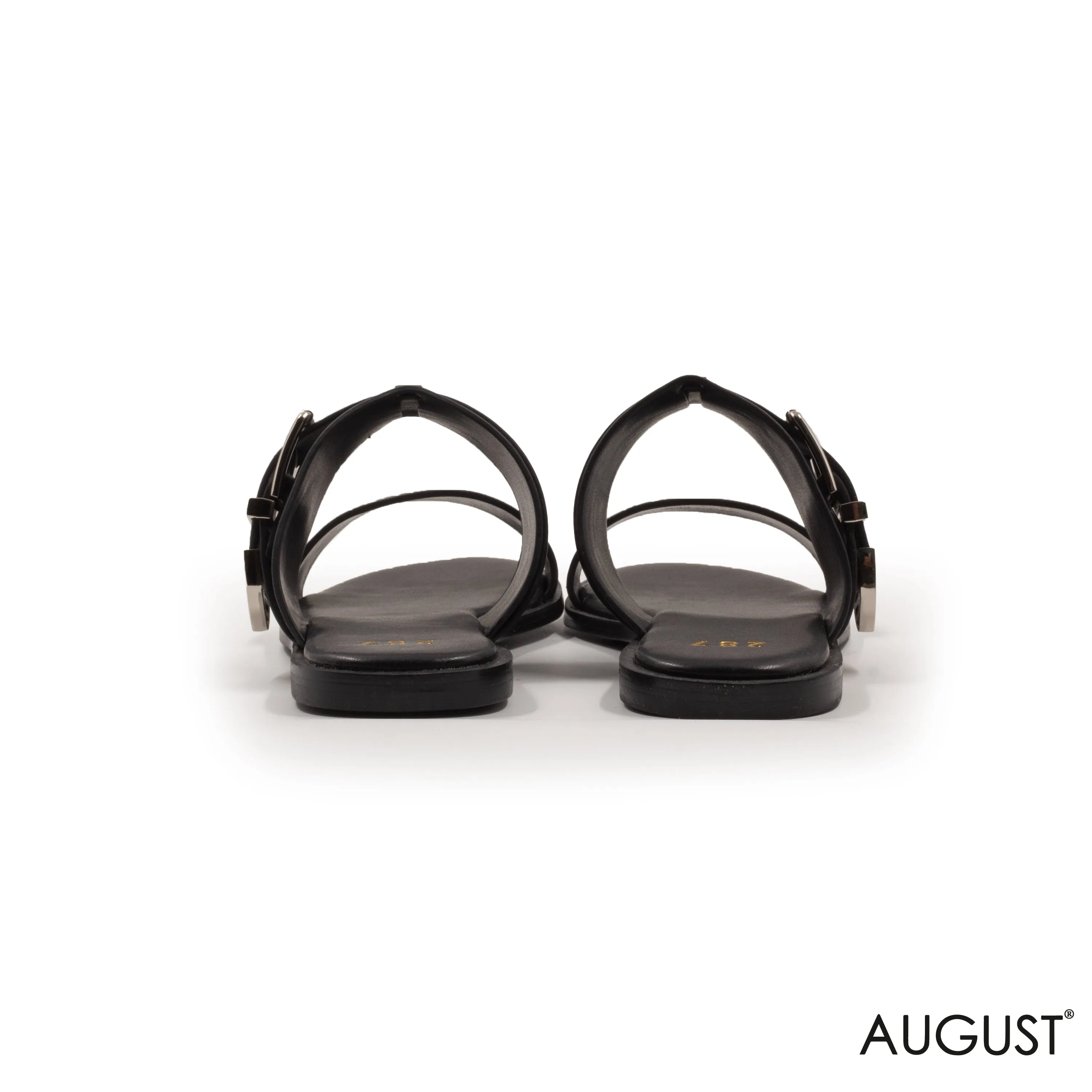 LEATHER BLACK FLAT SLIPPER  WITH SILVER BUCKLE