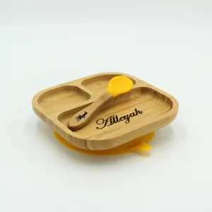Personalised Wooden Tiny Dining Bamboo Plate with suction cup and Spoon - Yellow - By Babba Box