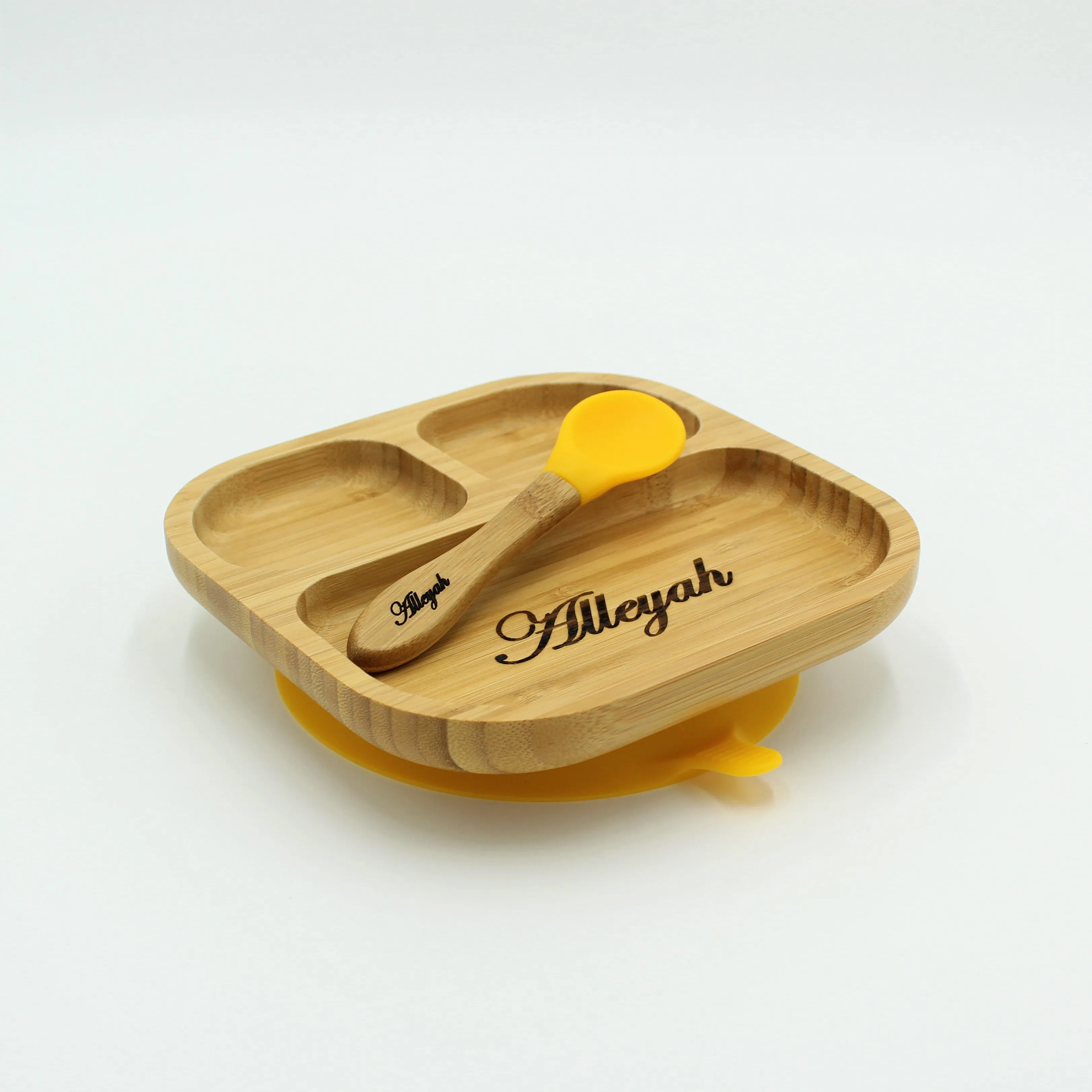 Personalised Wooden Tiny Dining Bamboo Plate with suction cup and Spoon - Yellow - By Babba Box