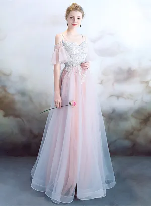 Pink A-line Tulle with Lace Applique Prom Dress, Pink Sweetheart Bridesmaid Dress