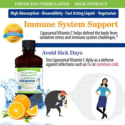 powerbynaturals – optimizado Liposomal Vitamin C de 1250 mg Líquido (10.15 oz) | Máxima absorción ~ sistema inmunológico apoyo y antioxidant| última intervensión de China | No OGM |60 porciones al 100% con tela de algodón de pato de Ascorbato de Sodio