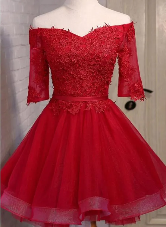 Red Short Prom Dresses , Short Sleeves Off Shoulder Party Dresses, Red Homecoming Dresses