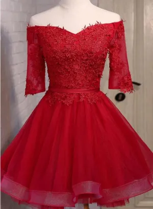 Red Short Prom Dresses , Short Sleeves Off Shoulder Party Dresses, Red Homecoming Dresses