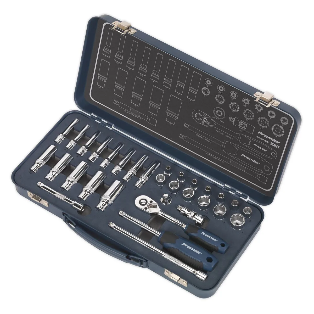 Sealey Premier 32 Piece 1/4" Drive Lock On Socket Set 4-14mm Ratchet Handle