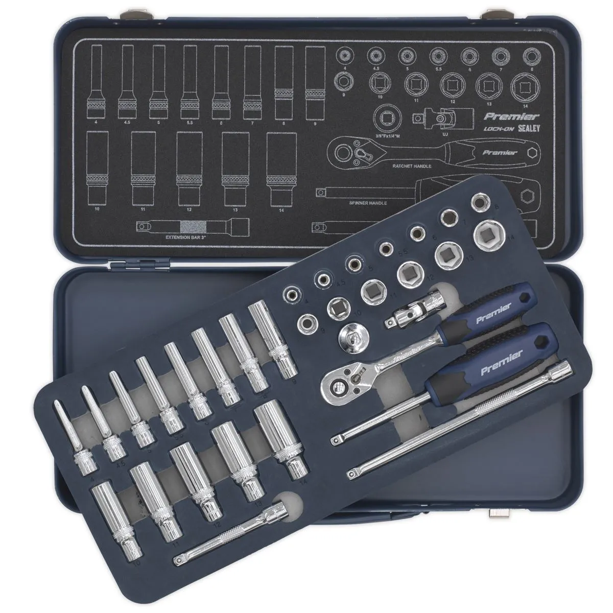 Sealey Premier 32 Piece 1/4" Drive Lock On Socket Set 4-14mm Ratchet Handle