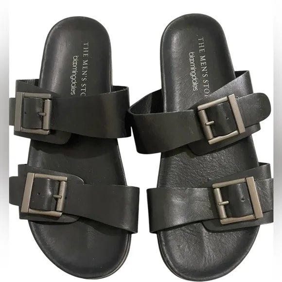 The Men’s Store Bloomingdale’s Devin Buckle Black Soft Leather Slid On Sandals