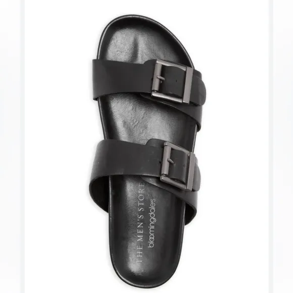 The Men’s Store Bloomingdale’s Devin Buckle Black Soft Leather Slid On Sandals