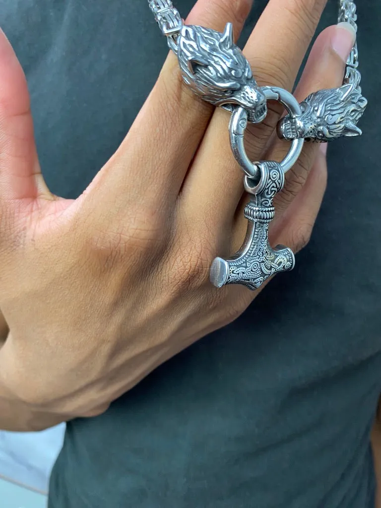 Thor Hammer With Wolf Head  Stainless Steel Necklace