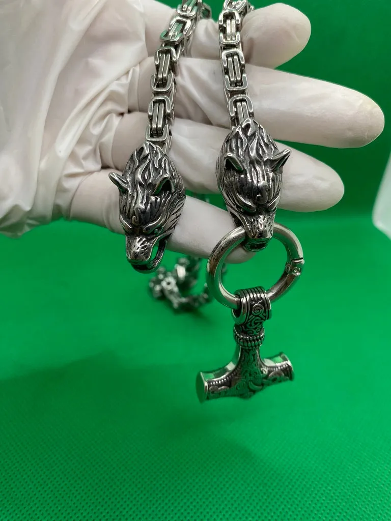 Thor Hammer With Wolf Head  Stainless Steel Necklace