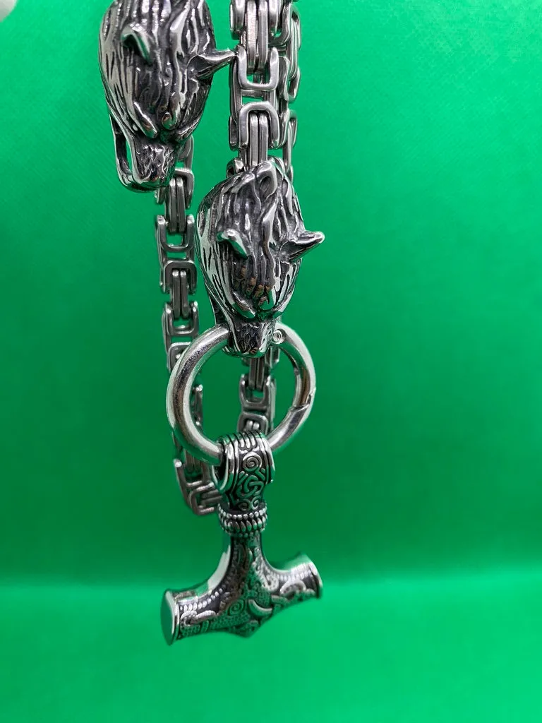Thor Hammer With Wolf Head  Stainless Steel Necklace