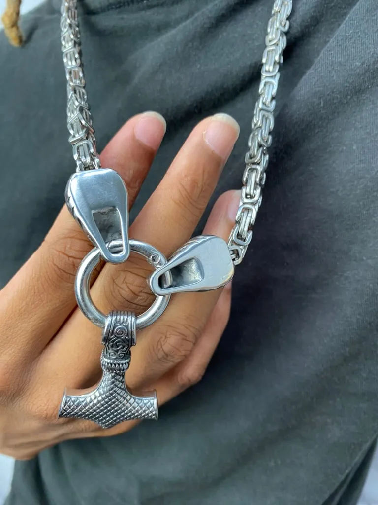 Thor Hammer With Wolf Head  Stainless Steel Necklace