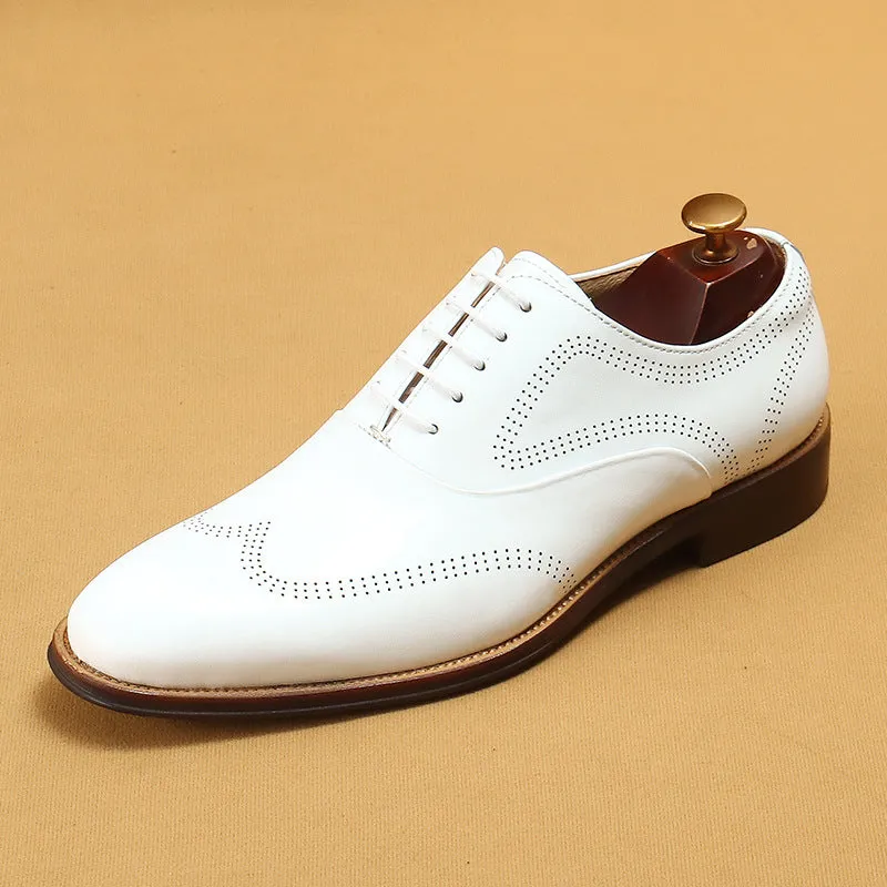Top Layer Cowhide Men's Leather Shoes White Leather Shoes Men's Business Formal Wear Genuine Leather Pointed British Style Carving Brogue Men's Shoes21008