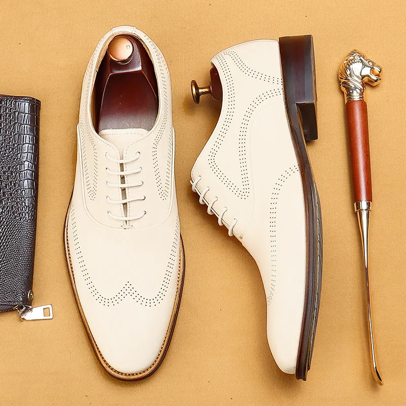 Top Layer Cowhide Men's Leather Shoes White Leather Shoes Men's Business Formal Wear Genuine Leather Pointed British Style Carving Brogue Men's Shoes21008