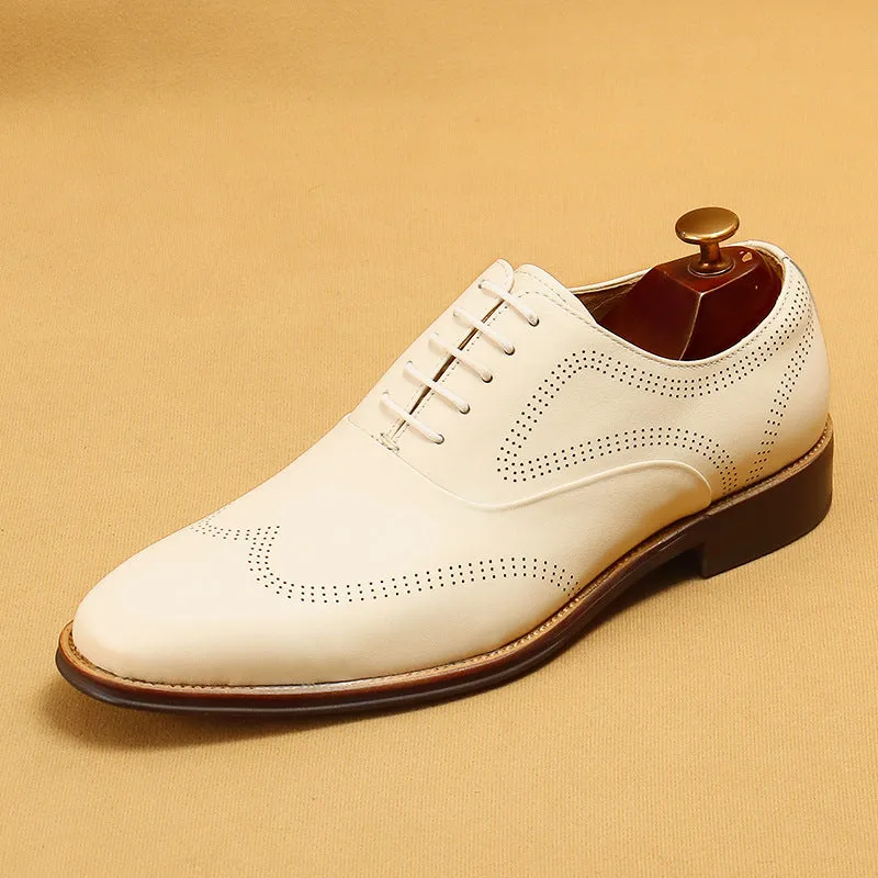 Top Layer Cowhide Men's Leather Shoes White Leather Shoes Men's Business Formal Wear Genuine Leather Pointed British Style Carving Brogue Men's Shoes21008