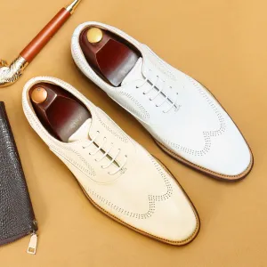 Top Layer Cowhide Men's Leather Shoes White Leather Shoes Men's Business Formal Wear Genuine Leather Pointed British Style Carving Brogue Men's Shoes21008