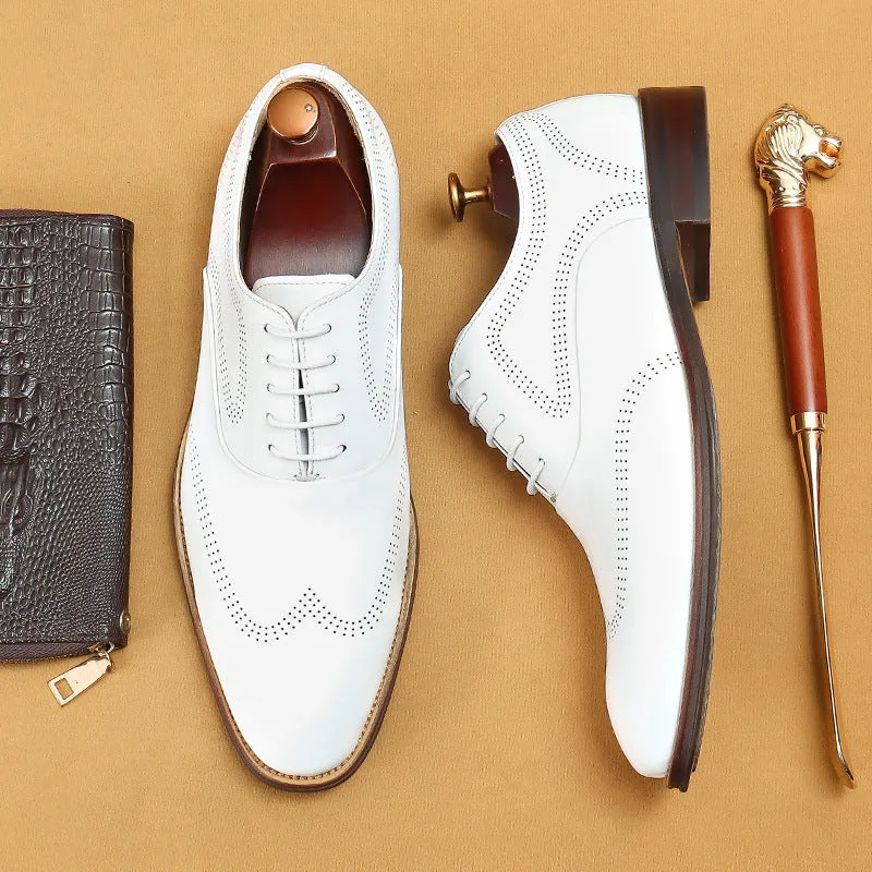 Top Layer Cowhide Men's Leather Shoes White Leather Shoes Men's Business Formal Wear Genuine Leather Pointed British Style Carving Brogue Men's Shoes21008
