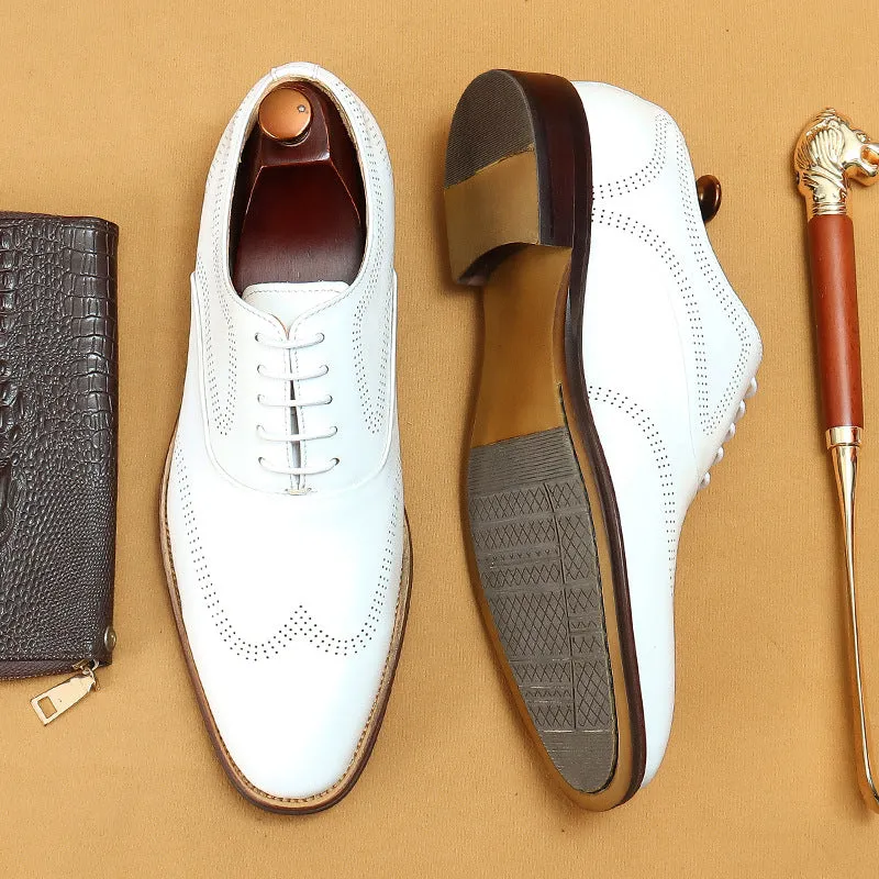Top Layer Cowhide Men's Leather Shoes White Leather Shoes Men's Business Formal Wear Genuine Leather Pointed British Style Carving Brogue Men's Shoes21008