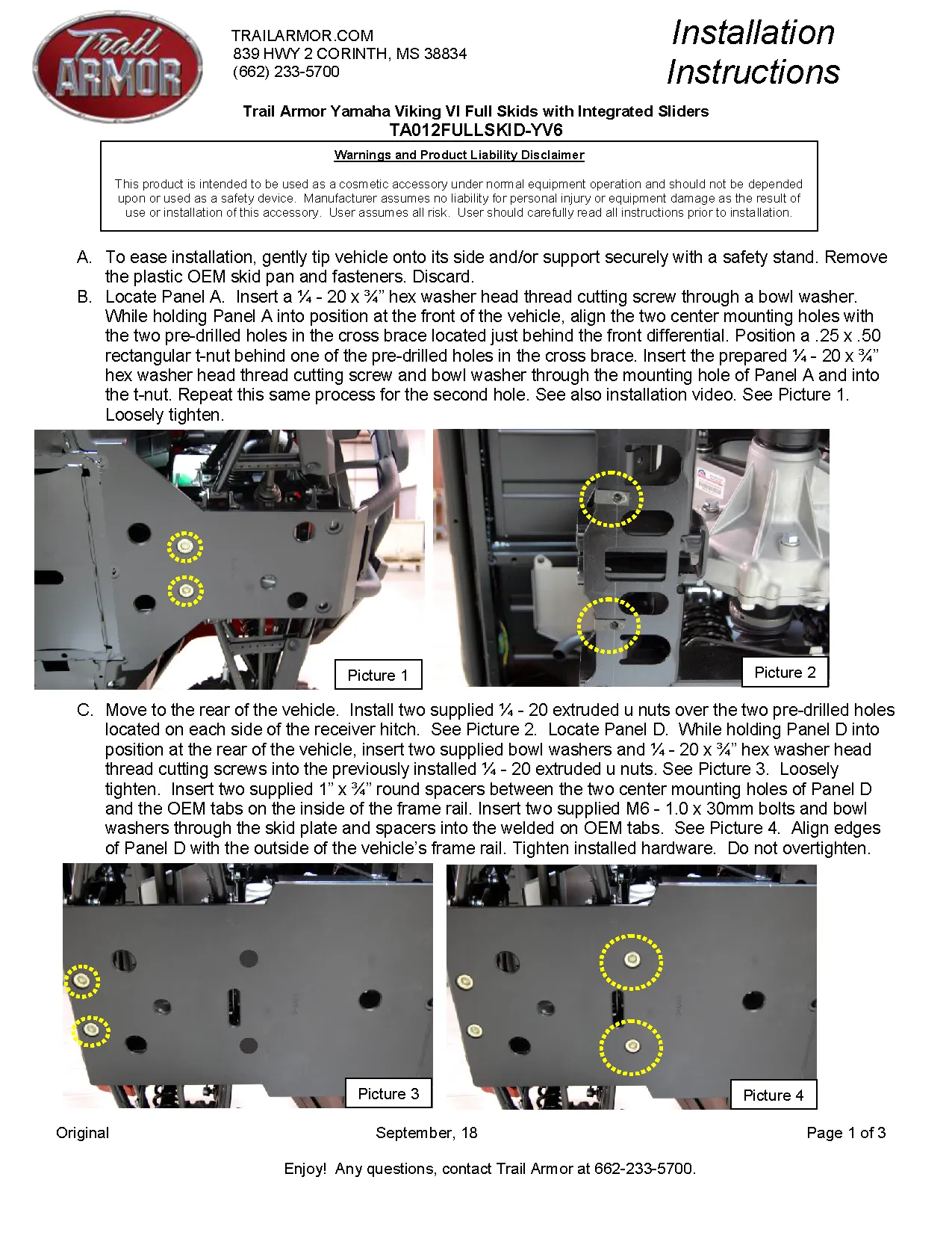 Trail Armor Yamaha Viking VI, Viking VI EPS, Viking VI EPS SE Full Skids with Integrated Sliders 2014 - 2024