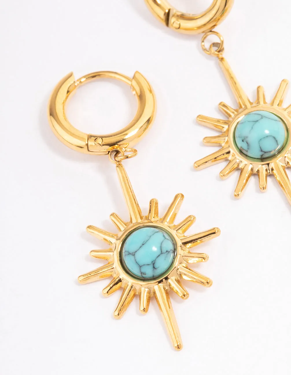 Waterproof Gold Plated Stainless Steel Semi Precious Turquoise Sunshine Huggie Hoops