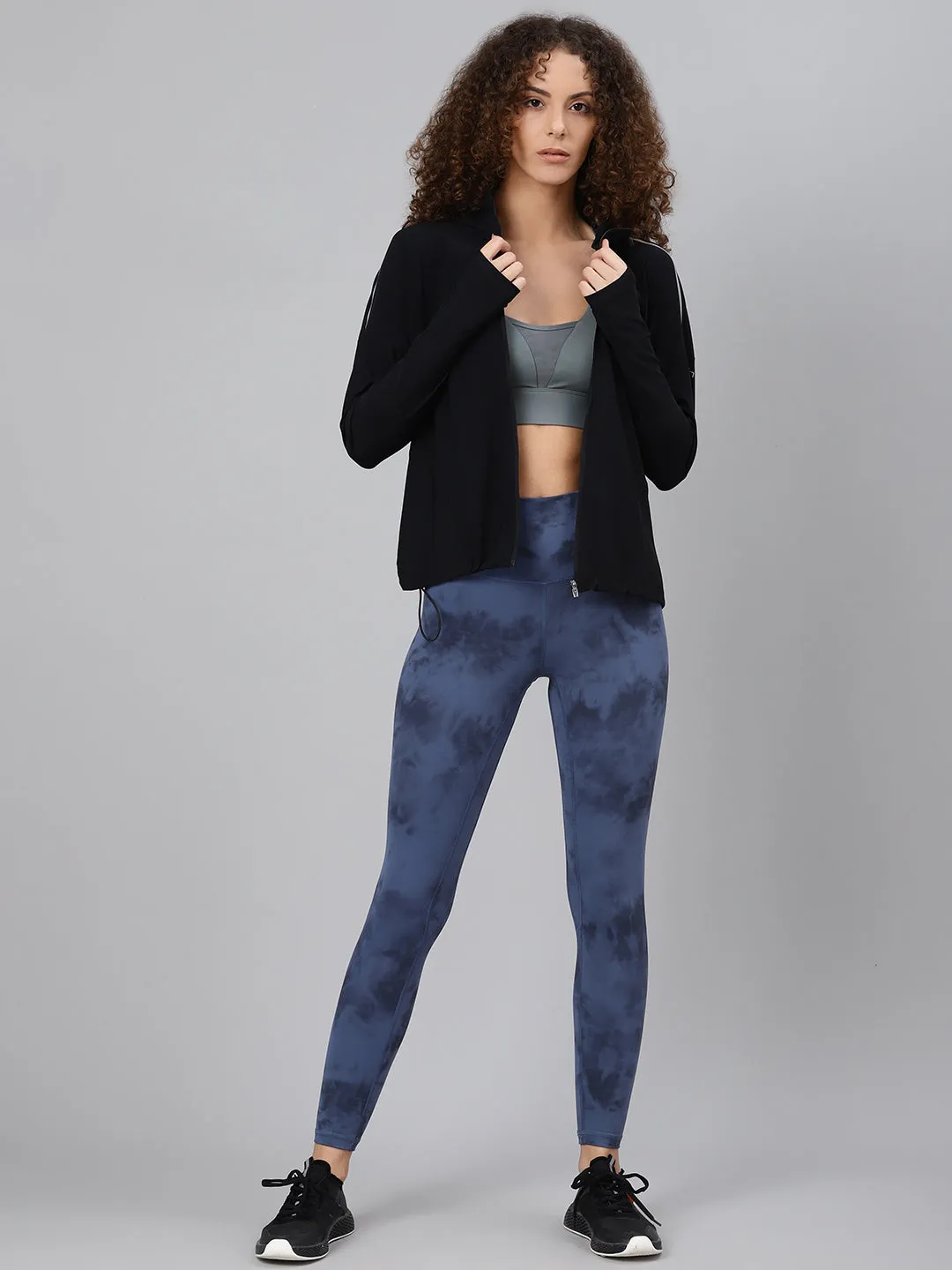 Women's Blue & Charcoal Grey Dyed Quick Dry Training Tights