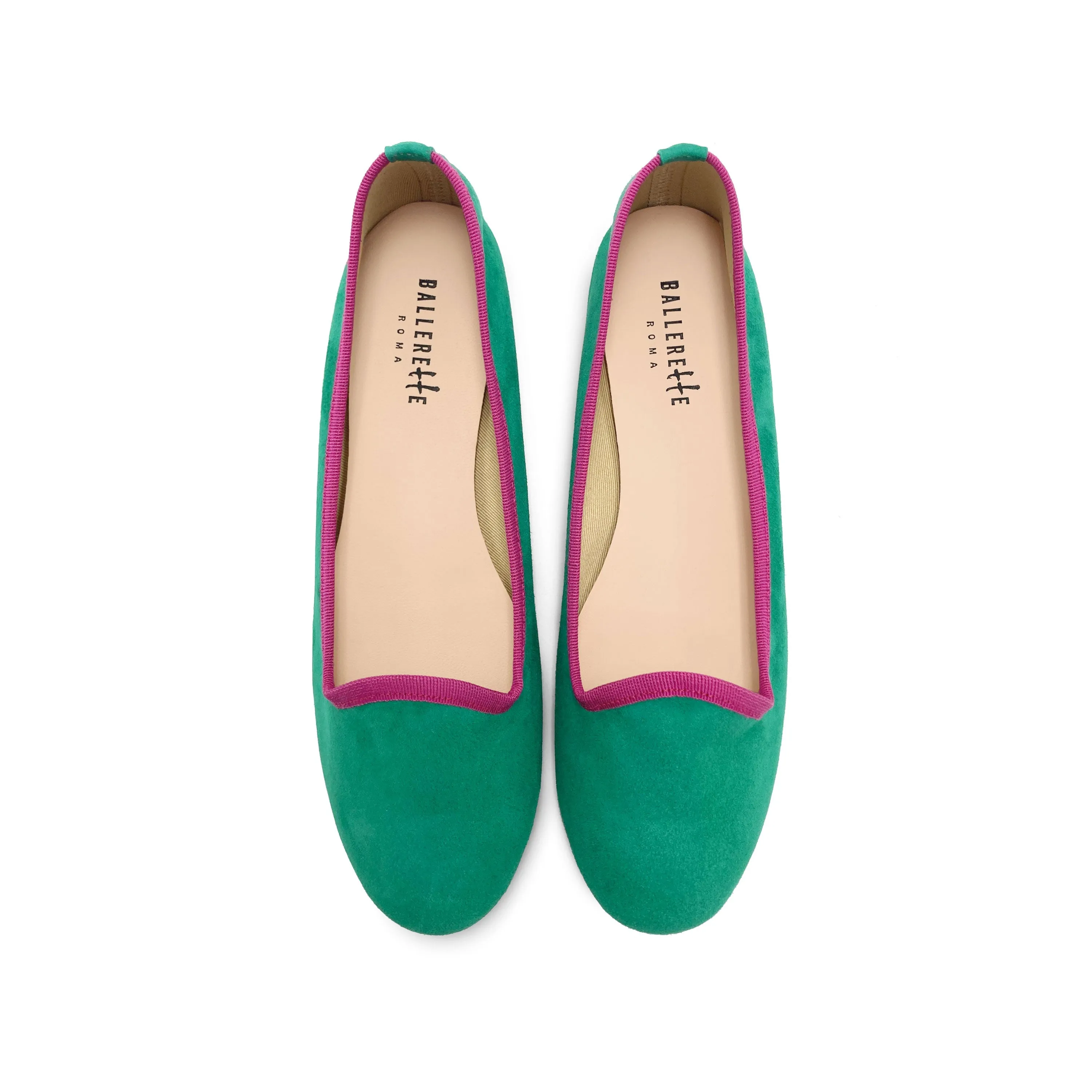 Women’s Emerald Green Suede Loafers with Fuchsia Details