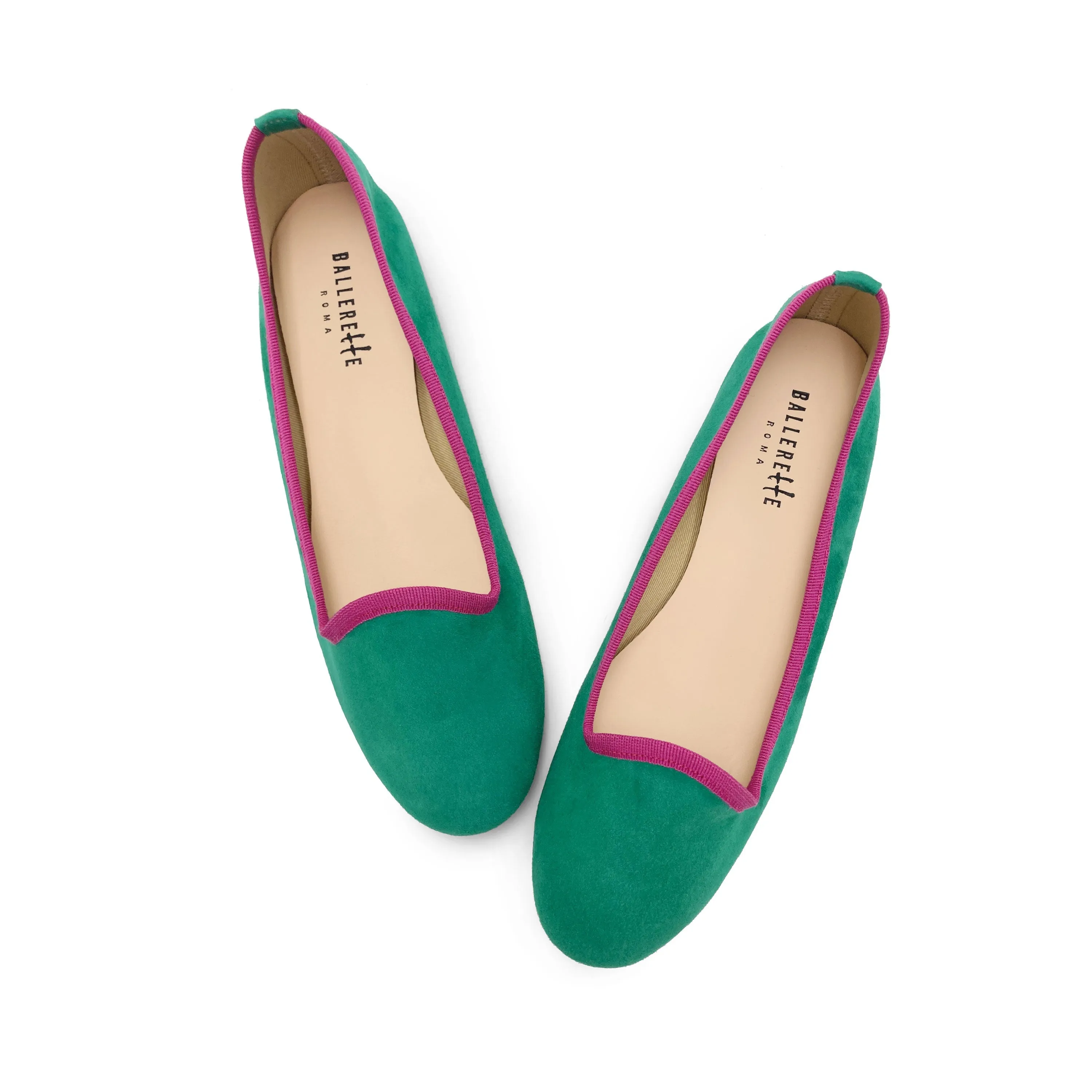Women’s Emerald Green Suede Loafers with Fuchsia Details