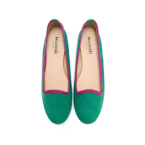 Women’s Emerald Green Suede Loafers with Fuchsia Details