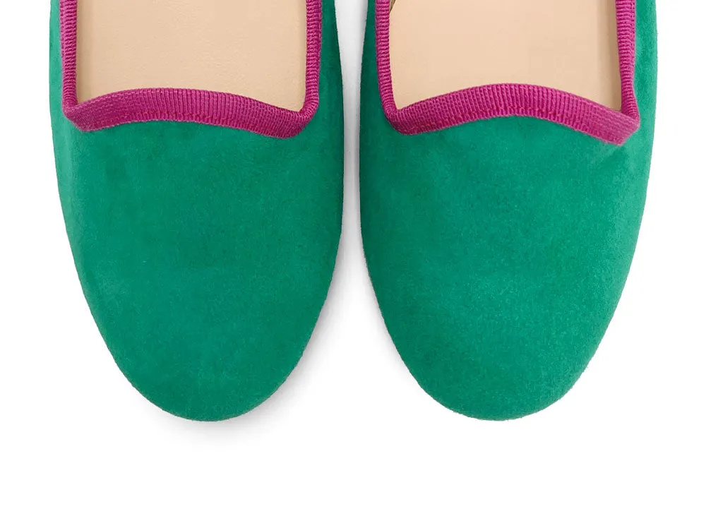 Women’s Emerald Green Suede Loafers with Fuchsia Details